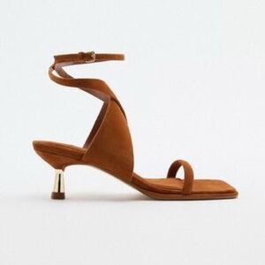 Zara Tan Suede Heel Sandals Ankle Strap Sz 7.5 / 38